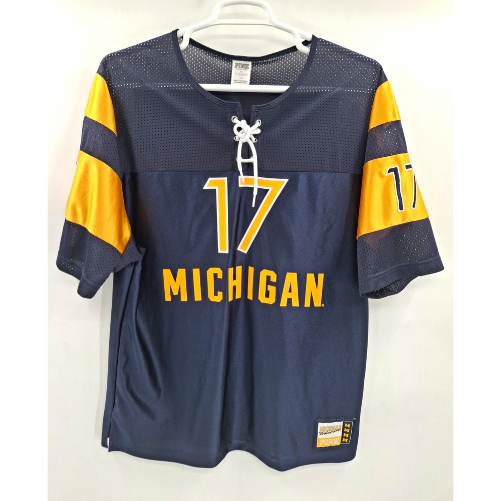 PINK Michigan Wolverines #17 Lace-Up Jersey Womens Large Navy Yellow